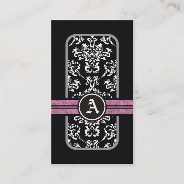 Carte De Visite monogramme noir blanc damassé rose (Devant)