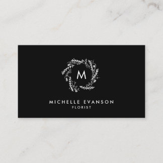Carte De Visite Monogramme noir et blanc élégant couronne florale