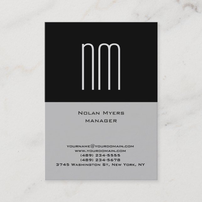 Carte De Visite Monogramme noir gris simple et simple (Devant)