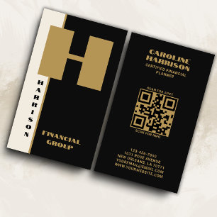 Carte De Visite Monogramme noir minimal moderne Code QR vertical