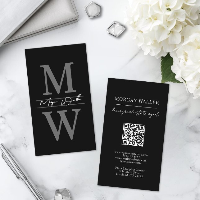 Carte De Visite Monogramme Noir Professionnel Vertical (Vertical Monogram Black Professional Business Card)