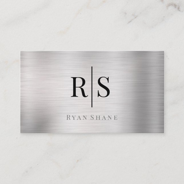 Carte De Visite Monogramme & Nom Élégants, Code QR, Argent Brossé (Devant)