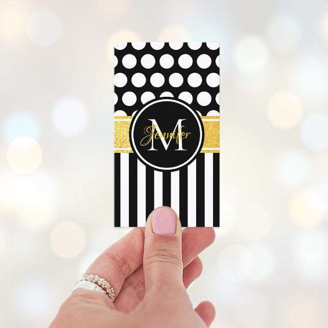 Carte De Visite Monogramme Or à pois rayure noir et blanc (Monogram Modern Color Block Style Business Card)