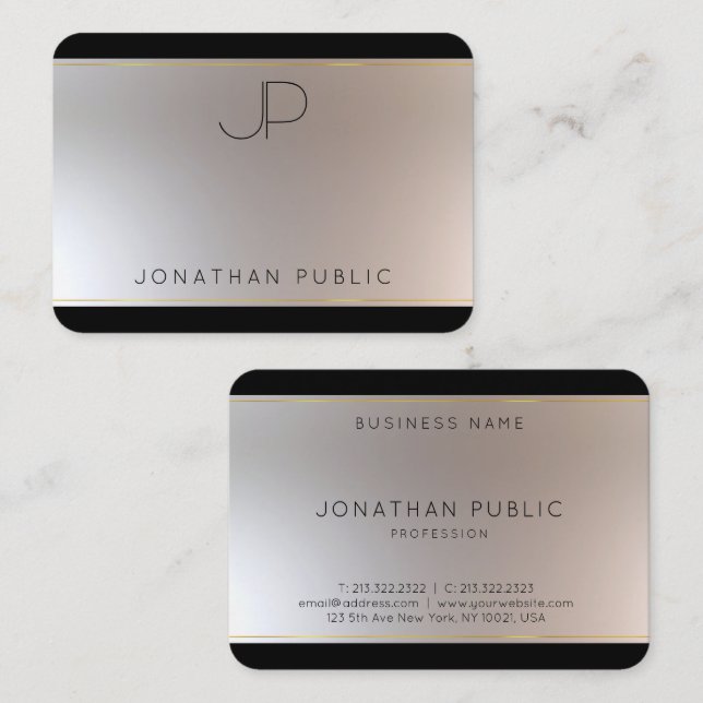 Carte De Visite Monogramme Or Argent Élégant Modèle moderne (Devant / Derrière)