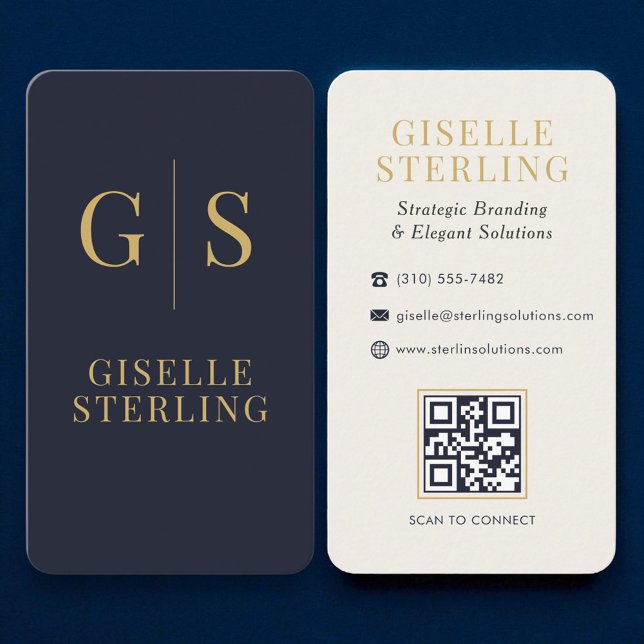 Carte De Visite Monogramme or de luxe Marine bleu QR Code (Créateur téléchargé)