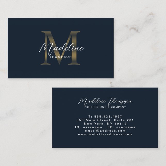 Carte De Visite Monogramme Or Métallisé Bleu Marine Minimal Script (Devant / Derrière)