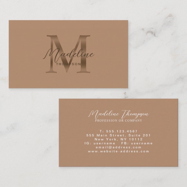 Carte De Visite Monogramme Or Métallisé Taupe Minimal Script (Devant / Derrière)