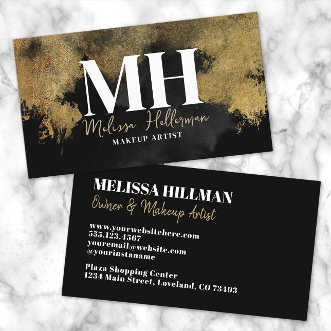 Carte De Visite Monogramme Or Noir Tendance (Trendy Black Gold Monogram Business Card)