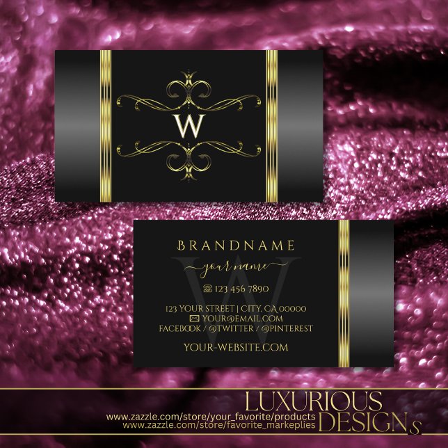 Carte De Visite Monogramme ornemental de luxe noir et or (Créateur téléchargé)