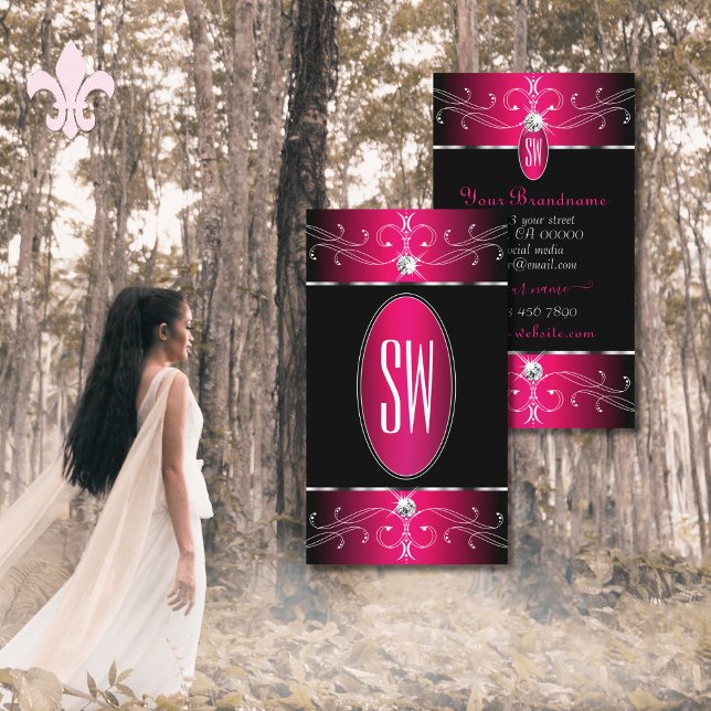 Carte De Visite Monogramme Ornements Ornés Noir Rose Chaud Luxe (Créateur téléchargé)