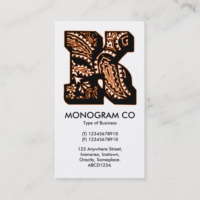 Carte De Visite Monogramme Paisley - K (Devant)
