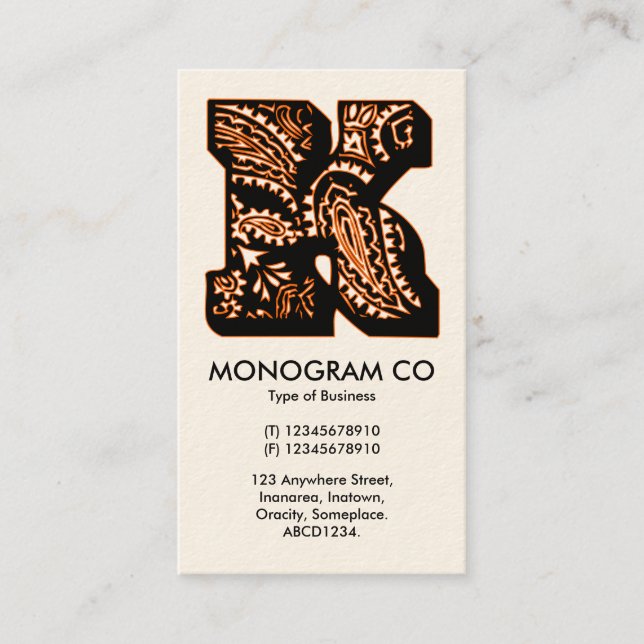 Carte De Visite Monogramme Paisley - K (Devant)