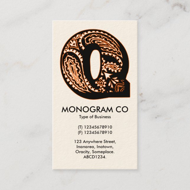 Carte De Visite Monogramme Paisley - Q (Devant)