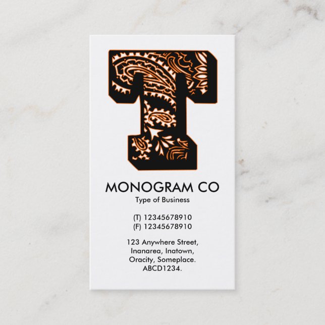 Carte De Visite Monogramme Paisley - T (Devant)