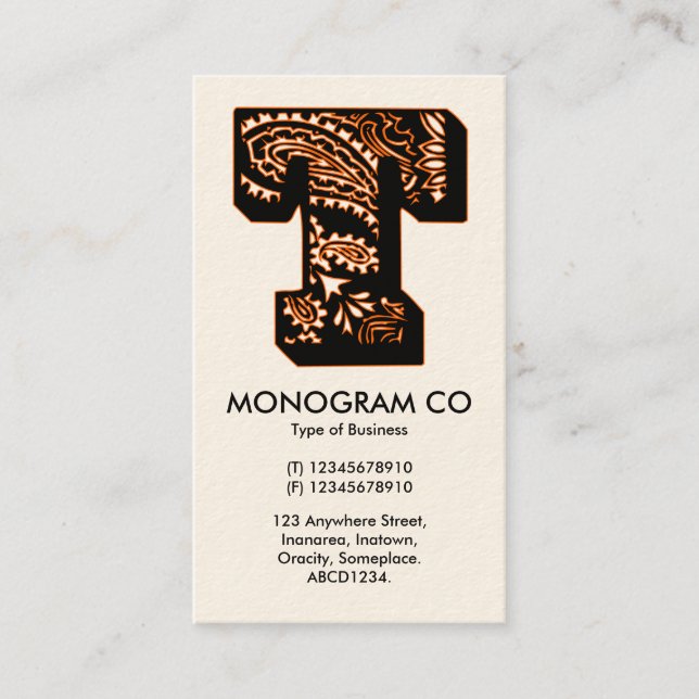 Carte De Visite Monogramme Paisley - T (Devant)