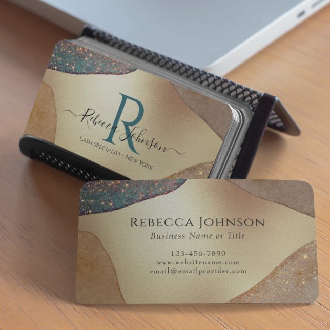 Carte De Visite Monogramme Parties scintillant or (Gold business card with blue monogram. )