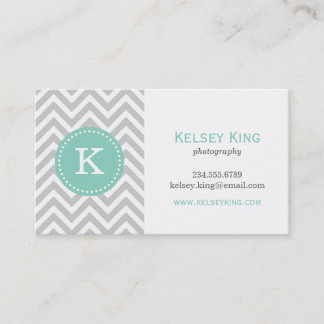Carte De Visite Monogramme personnalisé Gris et Aqua Chevron