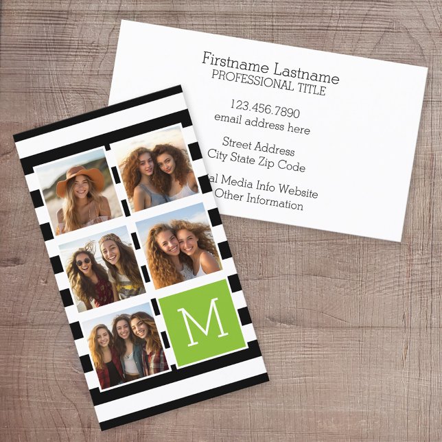 Carte De Visite Monogramme Personnalisé Lime Noir Striped Photo Co (Custom Printed Online Business Card)