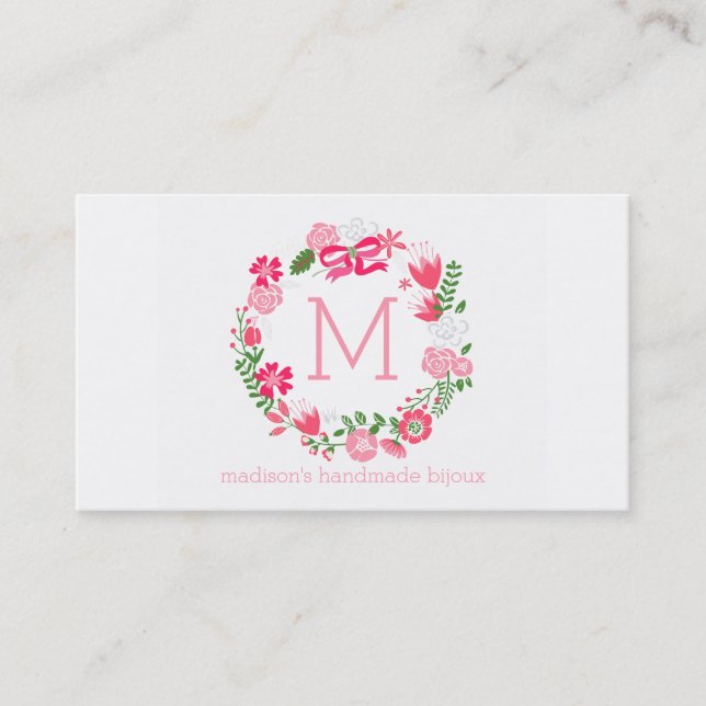 Carte De Visite Monogramme personnalisé par guirlande florale rose (Devant)