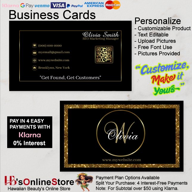 Carte De Visite Monogramme personnalisé Parties scintillant noir e (Personalized Monogram Black & Gold Glitter QR Code Business Card.)