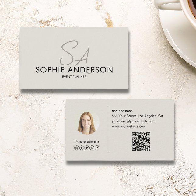 Carte De Visite Monogramme photo moderne et élégant Code QR (Modern Elegant Monogram Photo QR Code Business Card)