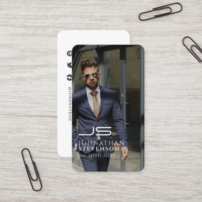 Carte De Visite Monogramme photo noir et blanc professionnel moder (Devant/Arrière en situation)