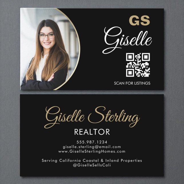 Carte De Visite Monogramme photo noir Realtor QR Code (Créateur téléchargé)