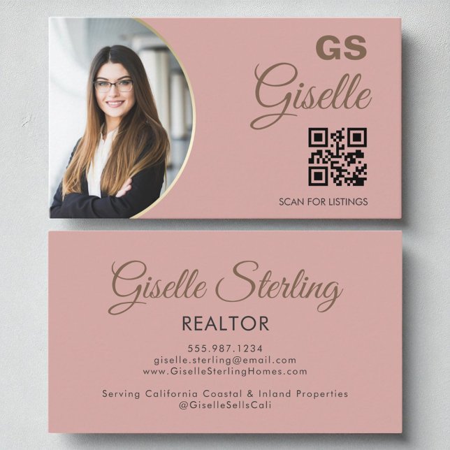 Carte De Visite Monogramme photo rose vierge Realtor QR Code (Créateur téléchargé)