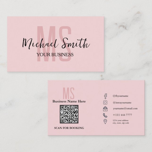 Carte De Visite Monogramme Pink Minimaliste moderne QR Code Logo (Devant / Derrière)