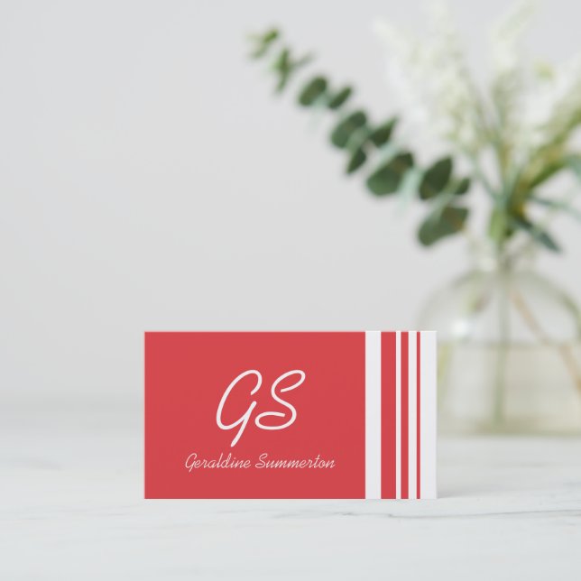 Carte De Visite Monogramme Poppy Red Tripes avec blanc (Debout devant)