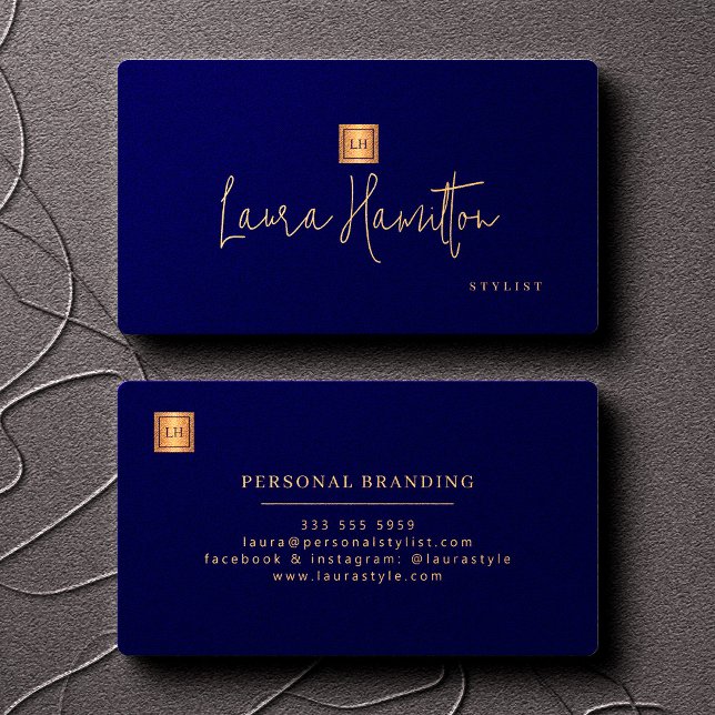 Carte De Visite Monogramme professionnel élégant bleu marine or (Créateur téléchargé)
