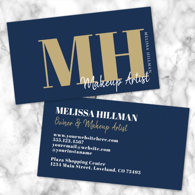 Carte De Visite Monogramme professionnel élégant et simple bleu ma (Simple Modern Navy Blue Gold Professional Monogram Business Card)