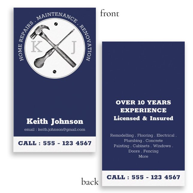 Carte De Visite Monogramme professionnel Handyman Navy Blue (Handyman Navy Blue Professional Custom Monogram Business Card)