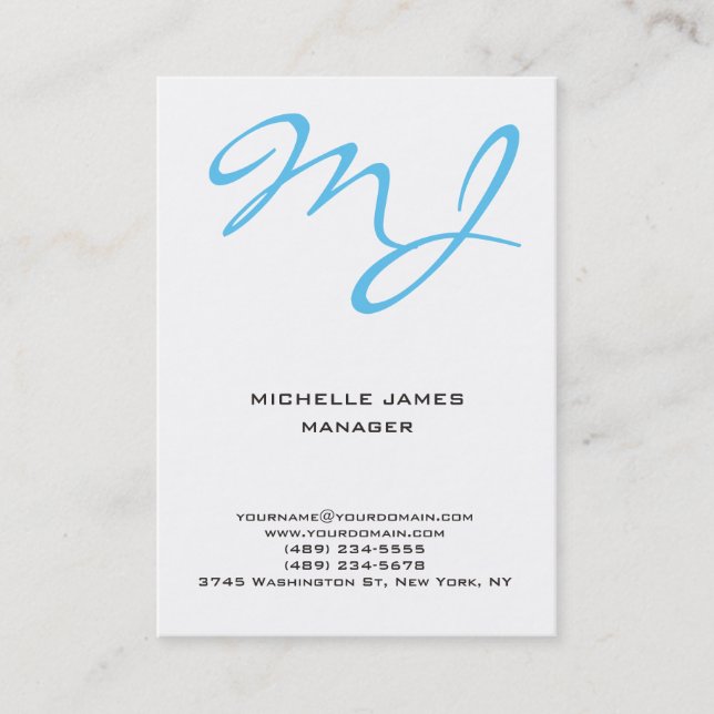 Carte De Visite Monogramme professionnel moderne unique bleu blanc (Devant)