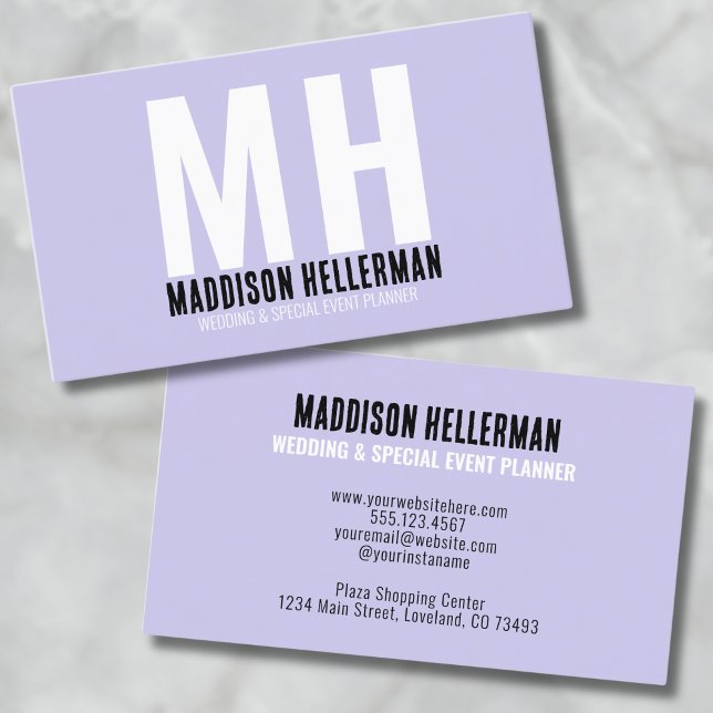 Carte De Visite Monogramme professionnel moderne violet (Girly Simple Modern Monogram Purple Business Card)