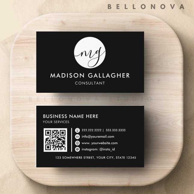 Carte De Visite Monogramme professionnel noir et blanc personnalis (Customizable Black and White Professional Monogram Business Card)