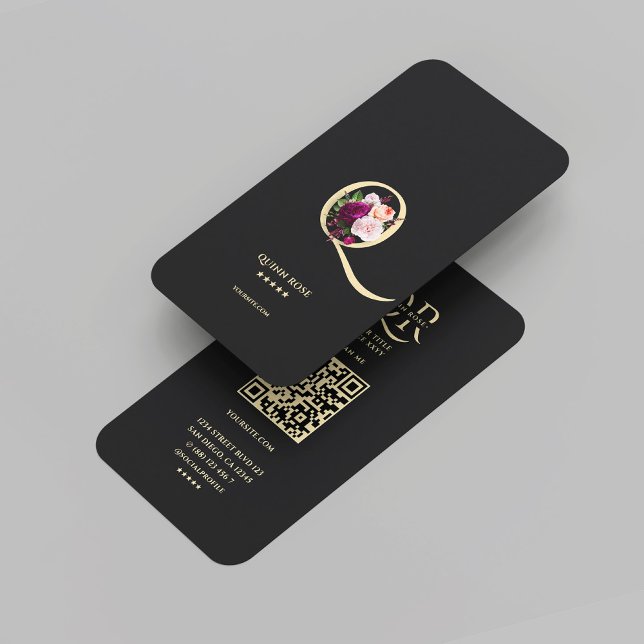 Carte De Visite Monogramme Q Floral Black Gold (Modern Elegant Monogram Q Floral Black Gold Business Card
)
