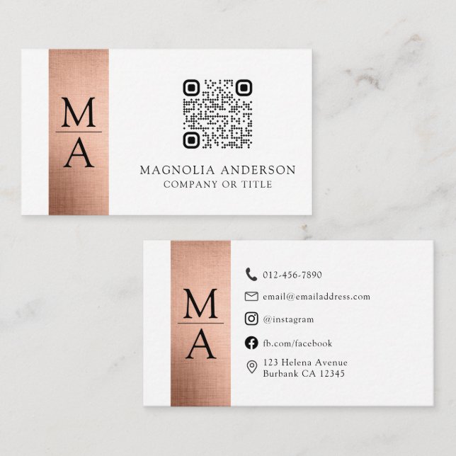 Carte De Visite Monogramme QR Code Rose Gold Foil (Devant / Derrière)