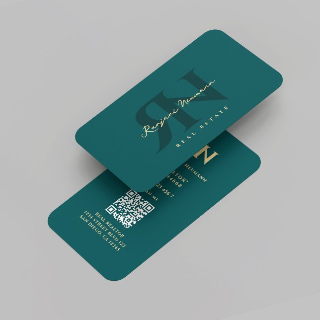 Carte De Visite Monogramme R N Immobilier Turquoise foncé (Modern Realtor Monogram R N Dark Teal Real Estate Agent Professional Marketing QR Business Card
)