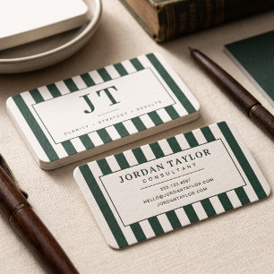 Carte De Visite Monogramme rayé de vert forêt moderne