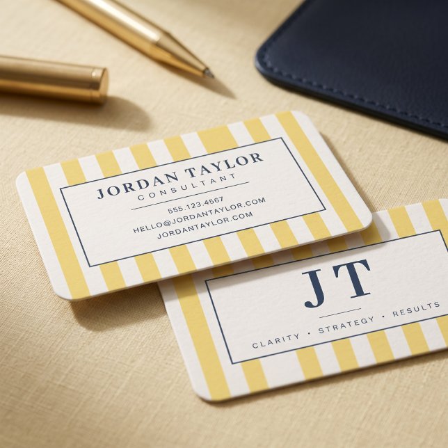 Carte De Visite Monogramme rayé jaune beurre moderne (Simulated business cards on table)