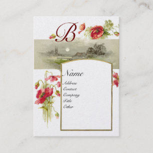 Carte De Visite MONOGRAMME ROMANTIQUE, POPPIES rouge vert or blanc