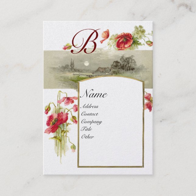 Carte De Visite MONOGRAMME ROMANTIQUE, POPPIES rouge vert or blanc (Devant)