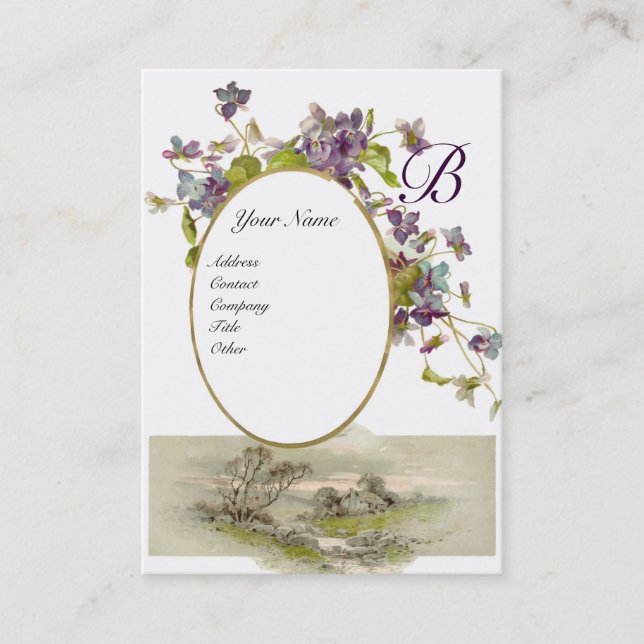 Carte De Visite MONOGRAMME ROMANTIQUE, VIOLET vert violet blanc (Devant)