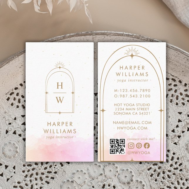 Carte De Visite Monogramme rose céleste Yoga Instructeur QR Code (Créateur téléchargé)