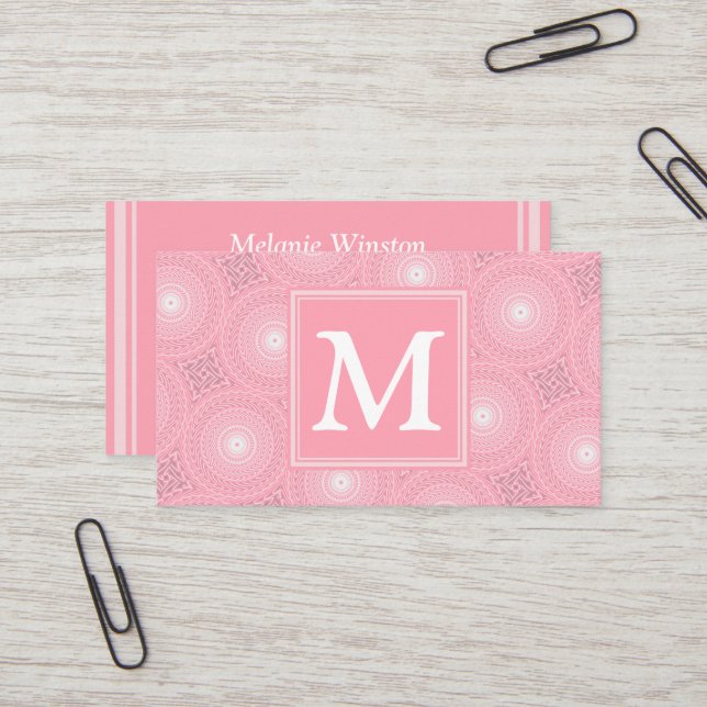 Carte De Visite Monogramme rose cercles motif (Devant/Arrière en situation)