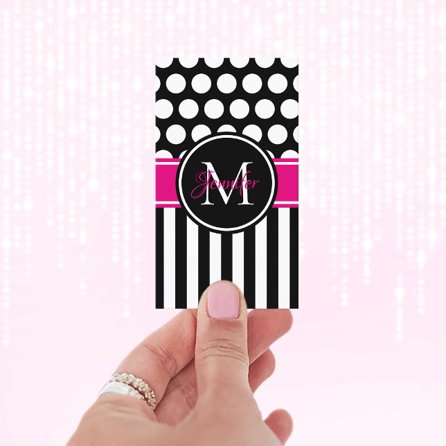 Carte De Visite Monogramme Rose Chaud Rayure Noir Blanc (Black White and Hot Pink Monogram Business Cards)