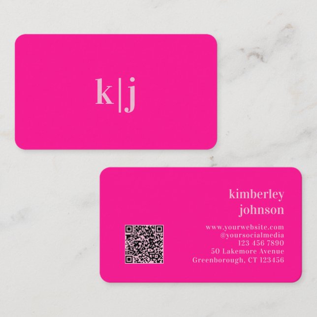 Carte De Visite Monogramme Rose Clair Simple Code QR Moderne (Devant / Derrière)