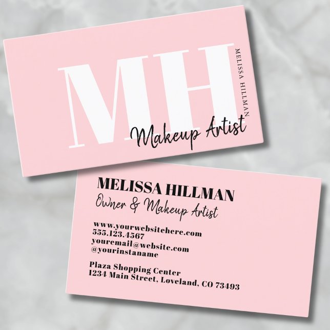 Carte De Visite Monogramme rose clair simple professionnel (Pink Professional Simple Modern Monogram Business Card)