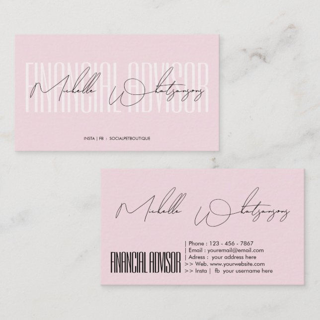 Carte De Visite Monogramme rose CONSEILLER FINANCIER écriture mode (Devant / Derrière)